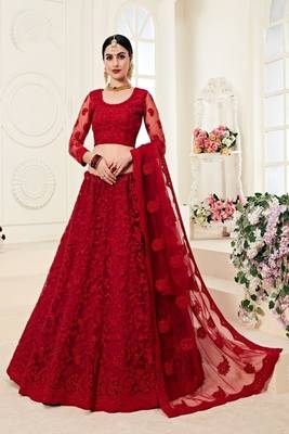 Red Embroidered Net Semi Stitched Lehenga 1