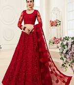 Red Embroidered Net Semi Stitched Lehenga