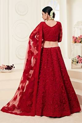 Red Embroidered Net Semi Stitched Lehenga 2