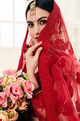 Red Embroidered Net Semi Stitched Lehenga 3