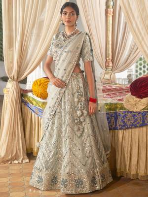 Grey embroidered net unstitched lehenga 1