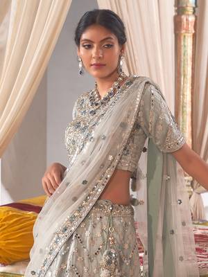 Grey embroidered net unstitched lehenga 2
