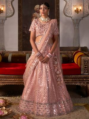 Pink embroidered net unstitched lehenga 1