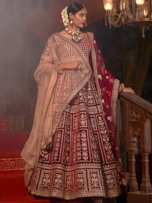 Maroon embroidered velvet unstitched lehenga 1