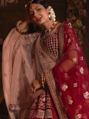 Maroon embroidered velvet unstitched lehenga 2