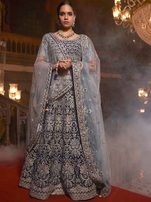 Navy-blue embroidered velvet unstitched lehenga 1
