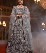 Navy-blue embroidered velvet unstitched lehenga