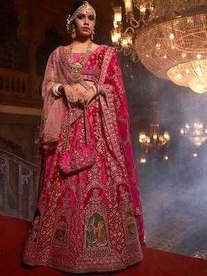 Pink embroidered velvet unstitched lehenga 1