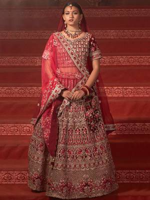 Red embroidered velvet unstitched lehenga 1