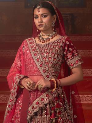 Red embroidered velvet unstitched lehenga 2