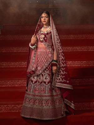 Maroon embroidered velvet unstitched lehenga 1