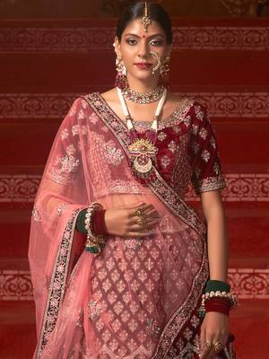 Maroon embroidered velvet unstitched lehenga 2