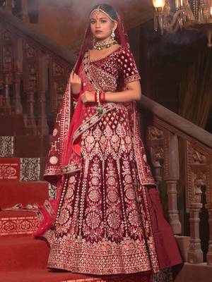 Maroon embroidered velvet unstitched lehenga 1