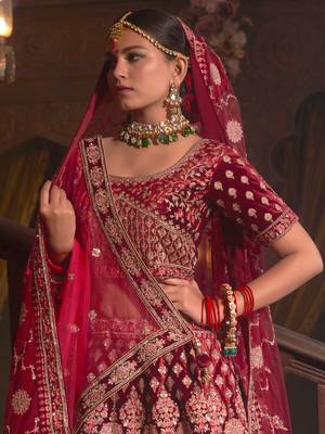 Maroon embroidered velvet unstitched lehenga 2