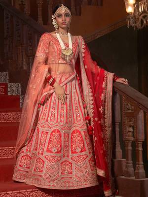 Red embroidered silk unstitched lehenga 1