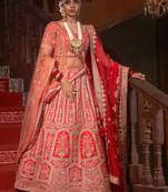 Red embroidered silk unstitched lehenga