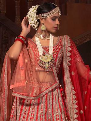 Red embroidered silk unstitched lehenga 2