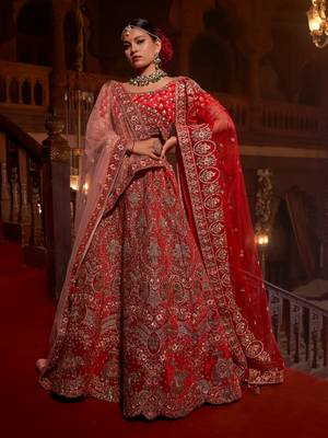 Red embroidered velvet unstitched lehenga 1