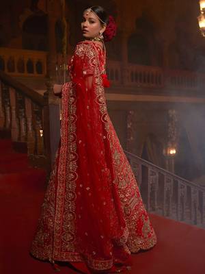 Red embroidered velvet unstitched lehenga 2
