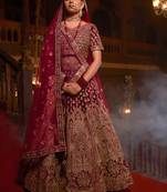 Wine embroidered velvet unstitched lehenga