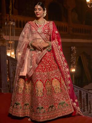 Red embroidered silk unstitched lehenga 1
