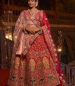 Red embroidered silk unstitched lehenga