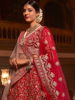 Red embroidered silk unstitched lehenga 2
