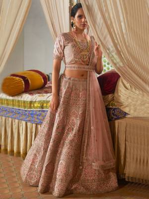 Peach embroidered velvet unstitched lehenga 1