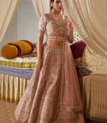 Peach embroidered velvet unstitched lehenga