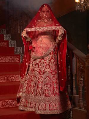 Red embroidered velvet unstitched lehenga 1