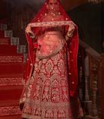 Red embroidered velvet unstitched lehenga