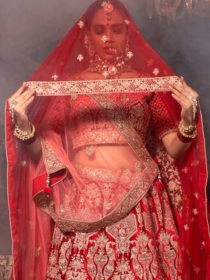 Red embroidered velvet unstitched lehenga 2