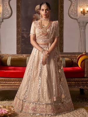 Peach embroidered net unstitched lehenga 1