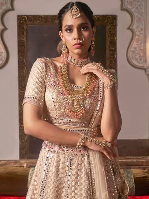 Peach embroidered net unstitched lehenga 2