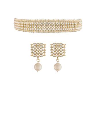 Traditional White Pearl & Kundan Studded Choker Necklace Jewellery Set For Women    2