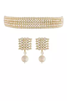 Traditional White Pearl & Kundan Studded Choker Necklace Jewellery Set For Women   
