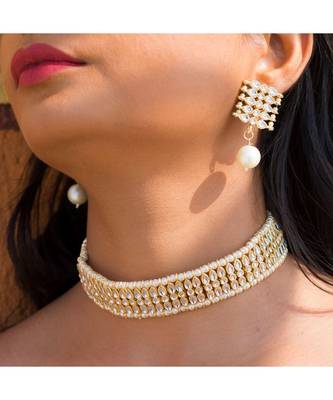 Traditional White Pearl & Kundan Studded Choker Necklace Jewellery Set For Women    4