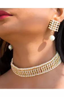 Traditional White Pearl & Kundan Studded Choker Necklace Jewellery Set For Women   