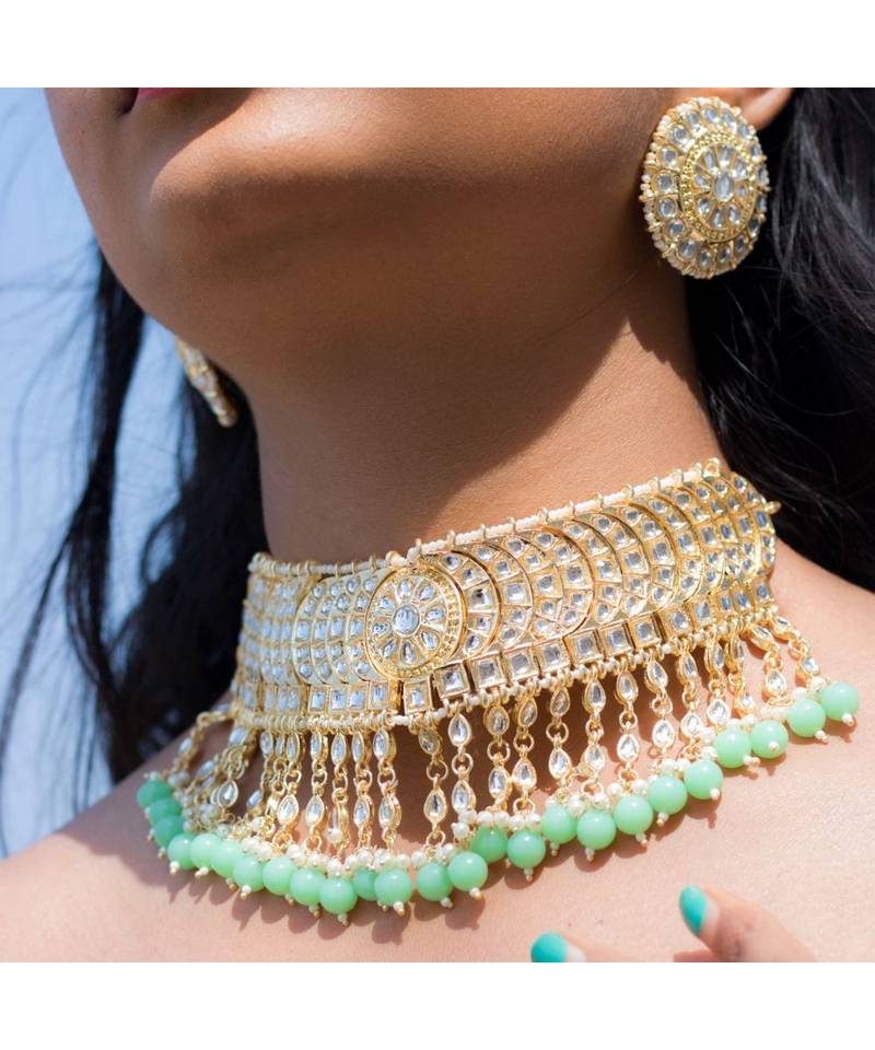 Traditional White Pearl & Kundan Studded Choker Necklace Jewellery Set For Women   