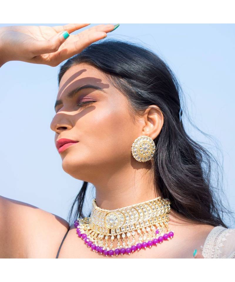 Traditional White Pearl & Kundan Studded Choker Necklace Jewellery Set For Women   