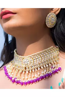 Traditional White Pearl & Kundan Studded Choker Necklace Jewellery Set For Women   