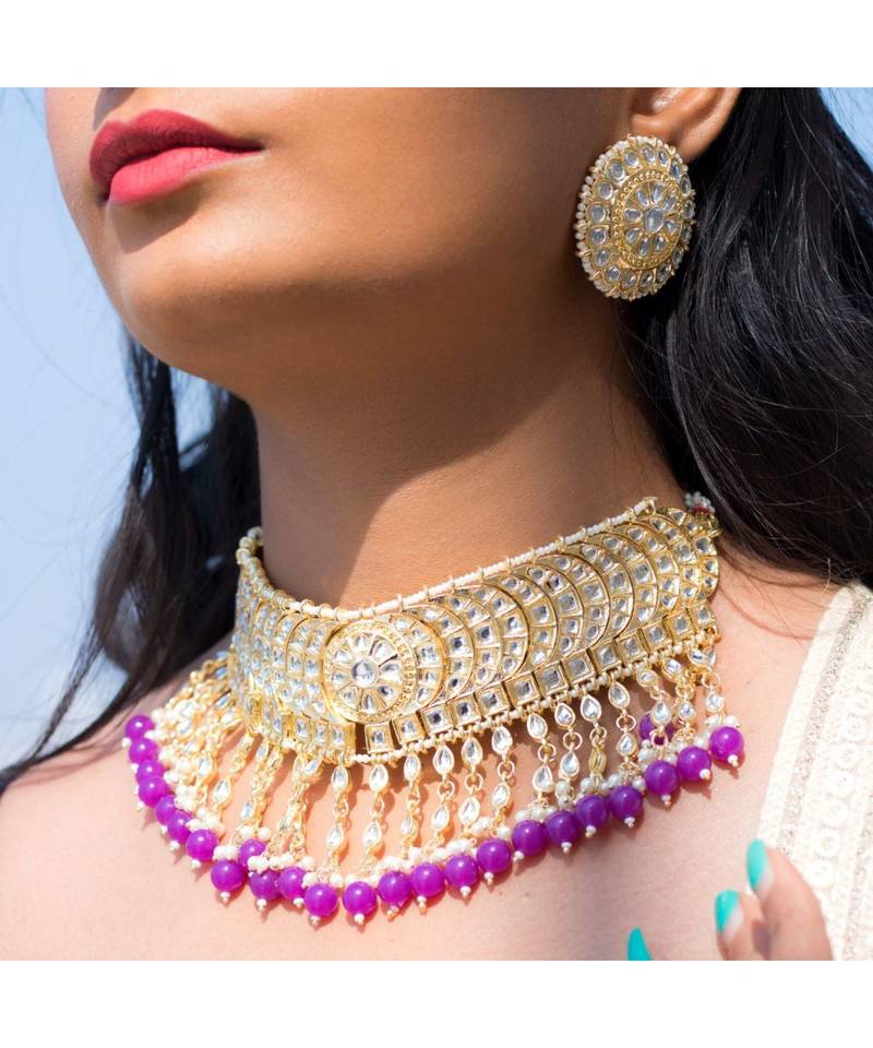 Traditional White Pearl & Kundan Studded Choker Necklace Jewellery Set For Women   