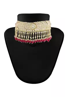 Traditional White Pearl & Kundan Studded Choker Necklace Jewellery Set For Women   