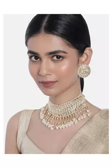 Traditional White Pearl & Kundan Studded Choker Necklace Jewellery Set For Women   