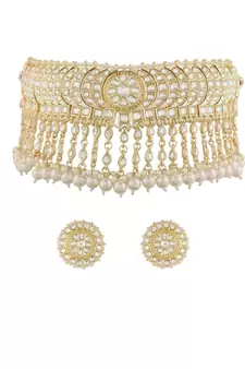 Traditional White Pearl & Kundan Studded Choker Necklace Jewellery Set For Women   