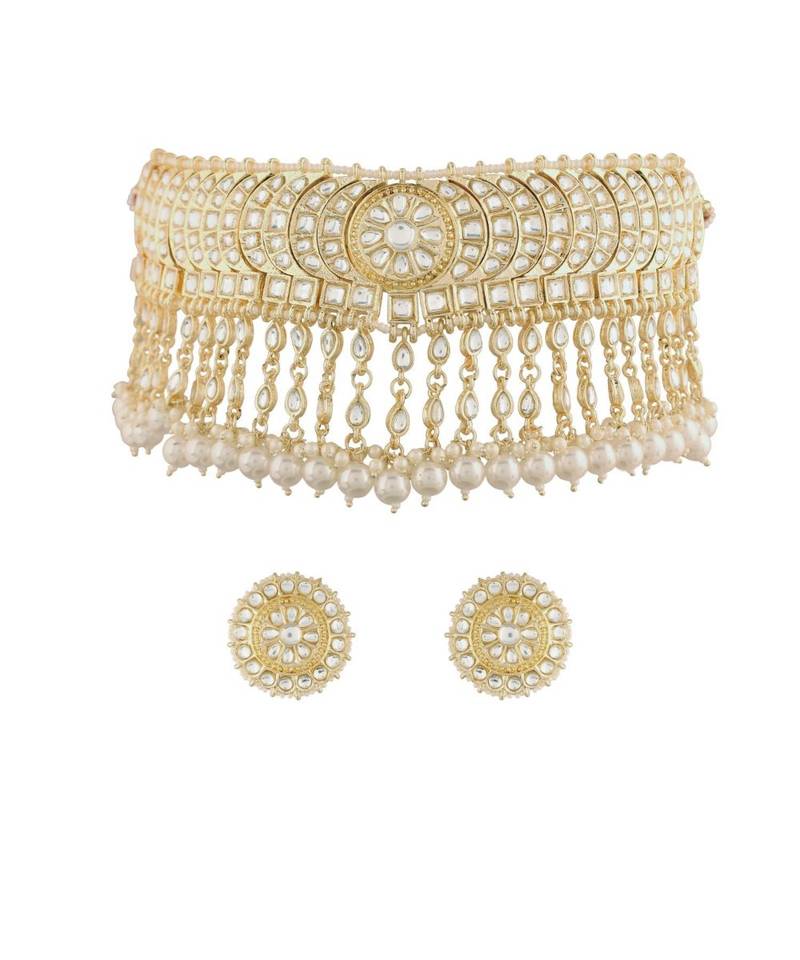 Traditional White Pearl & Kundan Studded Choker Necklace Jewellery Set For Women   