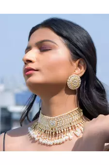 Traditional White Pearl & Kundan Studded Choker Necklace Jewellery Set For Women   