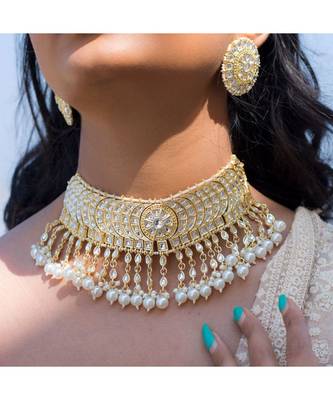 Traditional White Pearl & Kundan Studded Choker Necklace Jewellery Set For Women    1