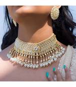 Traditional White Pearl & Kundan Studded Choker Necklace Jewellery Set For Women   