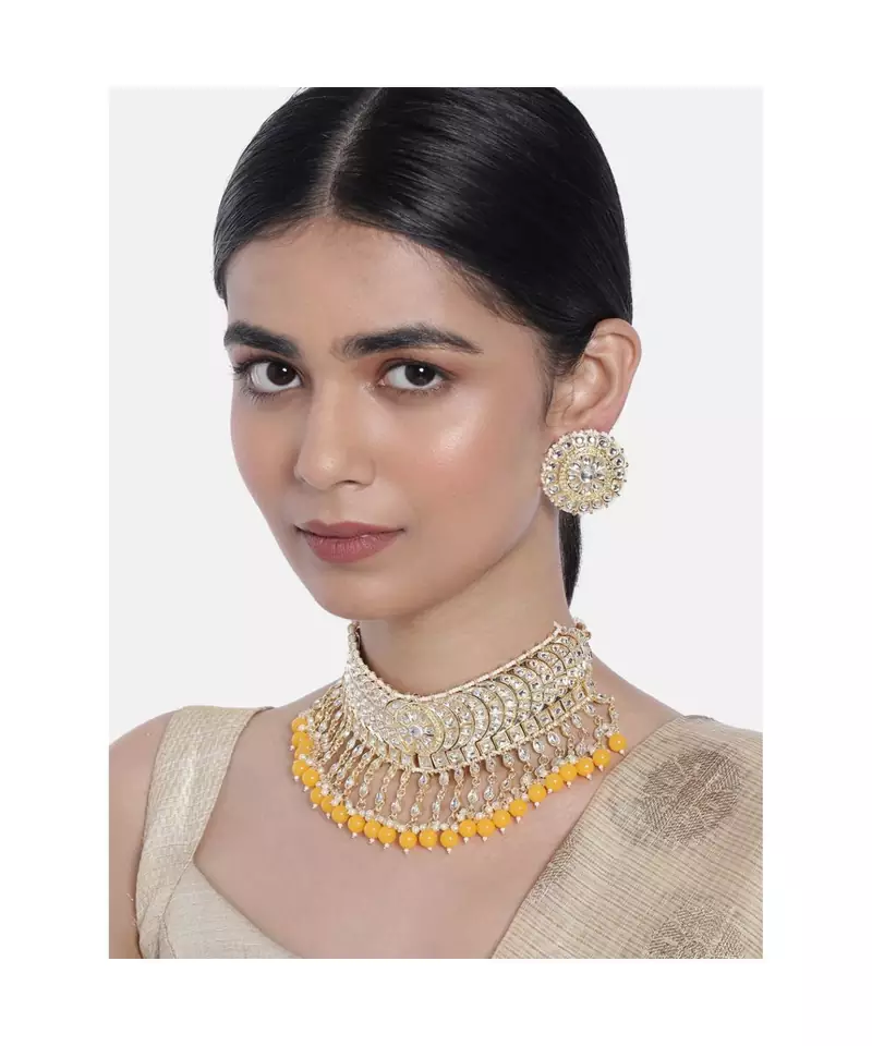 18k Gold Plated Traditional White Pearl & Kundan Studded Choker Necklace Jewellery Set For Women   (K7210Y)